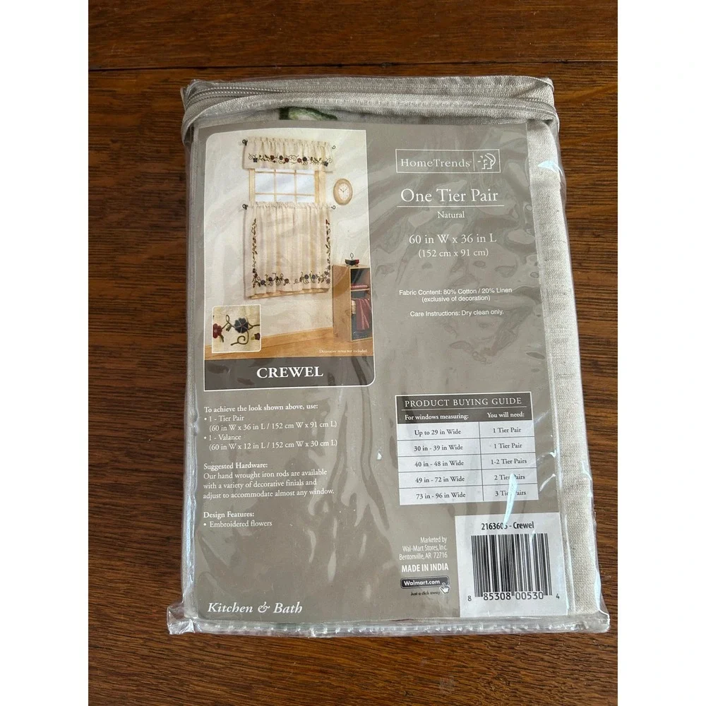 HomeTrends Crewel One Tier Pair Natural Linen Blend Floral Embroidered Curtains